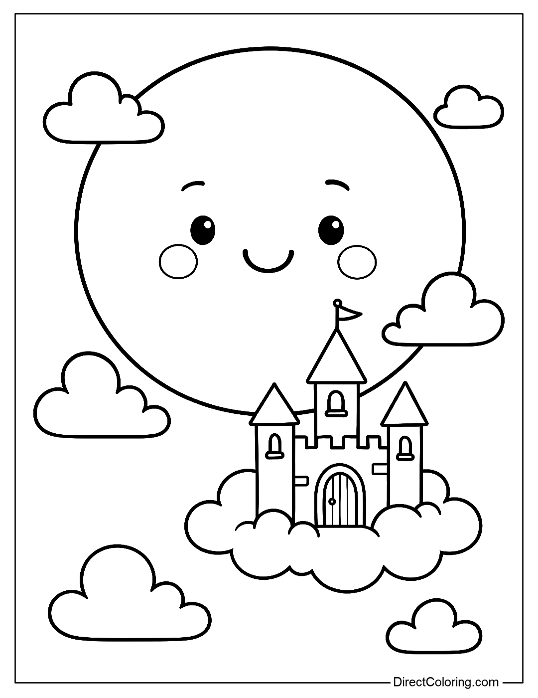 A giant full moon coloring page with a small castle and clouds floating around, cute fairy tale style
